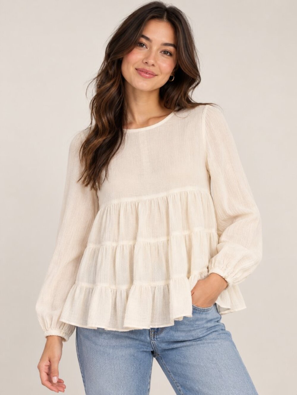 Kimchi Blue Tiered Babydoll Blouse Ivory Cream Long Sleeve XS